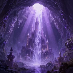 a mystical fairy city in the amethysts wall of a dreamy waterfall cave with and lilac sunrays, trending on artstation, concept art, matte painting, 8 k