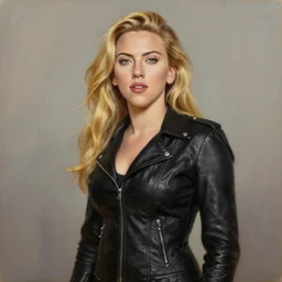 a very beautiful oil painting of scarlett johansson wearing a tight black leather jacket with very long blond hair, very aesthetic and attractive, portrait, trending on artstation