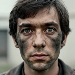 man covered in soot, bulging eyes, photo from the 70s