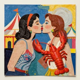 two lobster women kissing at a carnival, mixed media collage, retro, paper collage, magazine collage, acrylic paint splatters, bauhaus, abstract claymation, layered paper art, sapphic visual poetry expressing the utmost of desires by jackson pollock
