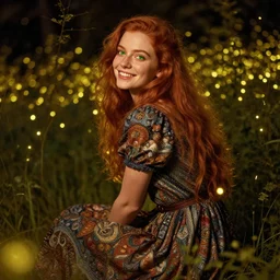 a happy young woman looking over shoulder, intricate detailed dress, sitting among the lights of golden fireflies and nature, long loose red hair, bright green eyes, small nose with freckles, triangle shape face, smiling, dreamy scene, golden ratio, high contrast, hyper realistic digital art by caravaggio and artgerm.