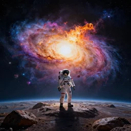 a distant galaxy viewed from the surface of a rocky planet, with an astronaut standing on it. incredible color explosion, an astronaut is on the surface. 4 k wallpaper trending on artstation
