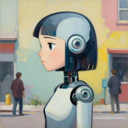 Greg Manchess portrait painting of a robotic girl, medium shot, asymmetrical, profile picture, Organic Painting, sunny day, Matte Painting, bold shapes, hard edges, street art, trending on artstation, by Huang Guangjian and Gil Elvgren and Sachin Teng