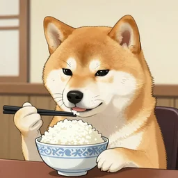 comic book artwork of a shiba inu samurai eating a bowl of rice
