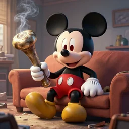 mickey mouse holding a giant joint while sitting on a couch in a messed up apartment, red eyes, smoke, beautiful digital art, amazing detail, artstation, award winning, sharp