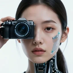 photo of young woman, close up, with a cyberpunk camera over right eye with led lights, robotic implants over face with small led lights, white background, fine art photography in the style of Bill Henson
