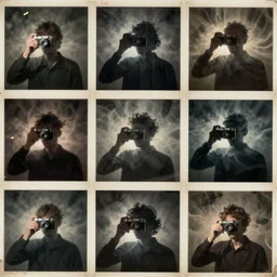 a collage of scanned old photographs showing ghostly silhouettes of random people in strange poses taken with soviet flash camera, dark smudgy ghostly mystic foggy grainy gritty grunge torn paper