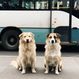 a street photo of two dogs sitting in front of the bus