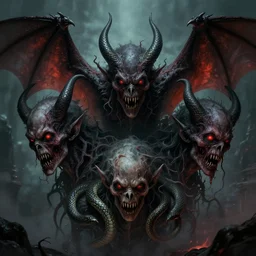 three head, bat, demonic parasite, snake, insanity, hell, war, despair, dread, digital art, fantasy, cinematic, lovecraft, horror, detail, epic, dark, terror, tumblr, twitter, concept art, best on artstation, best on cgsociety