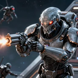 VFX movie closeup portrait of a futuristic inhuman alien spacemarines in future spaceship, firing gun at space pirates detailed creature skin neon lighting by Emmanuel Lubezki