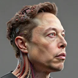 a 3D render of a beautiful profile face portrait of a Elon Musk, 150 mm, beets, Mandelbrot fractal, anatomical, flesh, facial muscles, wires, microchip, veins, arteries, full frame, microscopic, elegant, highly detailed, flesh ornate, elegant, high fashion, rim light, octane render in the style of H.R. Giger and Man Ray