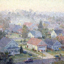 suburban american neighborhood on early morning with mist over the houses, painting by best artist in the world, illustration, 4k, high quality, 1980, pastel colors, film grain, cluttered,