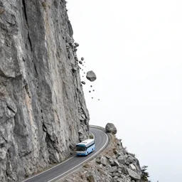 busses traveling on the edge of a narrow! road on the edge! a steep, narrow overgrown column, steep cliff, dangerous, rocks falling