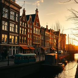 amsterdam in the style of studio ghibli, cinematic shot, golden hour, excellent composition, poetic
