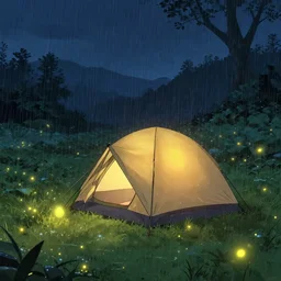 camping on a farmers field, tent, rain, rainy night, fireflies, medium shot, heavy rain, wet grass, raindrops, waist up, pixar and disney animation, sharp, rendered in unreal engine 5, anime key art by greg rutkowski, bloom, dramatic lighting