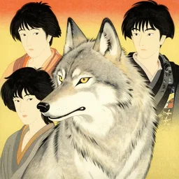 an upper half body portrait of a wolf by shin hanga and kawanabe kyosai and katsuhiro otomo. ukiyo - e shohei otomo and satoshi kon, global illumination, golden ratio, flat colors, thick black outlined,