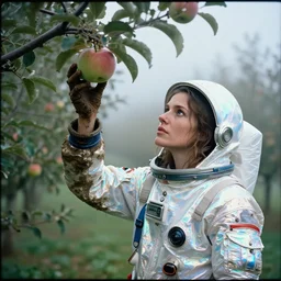 a closeup portrait of a woman wearing a muddy iridescent holographic spacesuit, picking apples from a tree in an orchard, foggy, moody, photograph, by vincent desiderio, canon eos c 3 0 0, ƒ 1. 8, 3 5 mm, 8 k, medium - format print