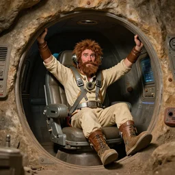 caveman inside a cave spaceship, epic pose in pilot seat