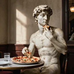 the statue david from michelangelo eating a piece of pizza, sitting on a restaurant table on placa san marco