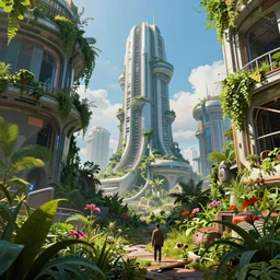 futuristic city in ruin, overgrown with plants, by ivan aivazovsky and jean giraud, coherent, hyper realism, high detail, vivid colors, octane render, unreal engine, 8 k, smooth gradients, high contrast, depth of field by jacek yerka