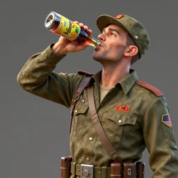soviet conscript drinking a bottle of delicious pineapple & banana flavoured nuka cola, unreal engine, retro futurism, dieselpunk, 3 d art, concept art, highly detailed, pop art, by artgerm and jakub rozalsky