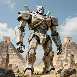 an uncut fullbody portrait of an overdetailed giantic mayan robot / mecha made of megalithic stones. landscape mayan pyramids as background. by oka yasutomo and anna dittmann, visually stunning, cinematic, ultra realistic, hyper realism, 1 2 k, epic, octane render, unreal engine, vfx, maya. overpaint by subject zero