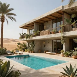 brutalism hotel in the desert, biophilia mood, pool, garden, highly detailed, cinematic, photorealistic, made of concrete and steel - n 9