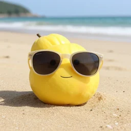 Yuzu with sunglasses is leisurely resting on the beach