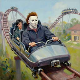 portrait painting of Michael Myers having fun in a long roller coaster, sharp focus, wide shot, trending on ArtStation, masterpiece, by Greg Rutkowski, by Ross Tran, by Fenghua Zhong, octane, soft render, oil on canvas, colorful, cinematic, environmental concept art