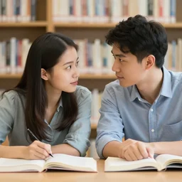 photograph of man and woman in a library studying, the camera catches the moment they make eye contact, dslr, shallow depth of field,