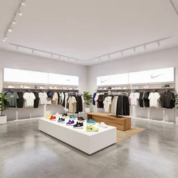 large nike boutique flagship retail. white walls. polished concrete floor. display tables with colorful shoes and varied clothes. bright digital screens on walls. low ceilings with downlights and spots. white corian and oak furniture. ( plants ) muted colors. octane lumion corona