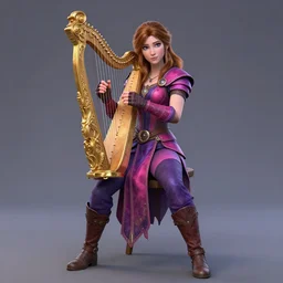 Full body Portrait of a beautiful young bard lady, playing an onrnamental Golden lyre, light borwn hair, White skin, dark Blue eyes, purple and pink leather garments, leather boots, fingerless gloves, extremely detailed face, high fantasy, magic music, dungeons and dragons, important: No extra arms or hands, blizzard entertainment, industrial light and magic, pixar, matte painting, mucha, trending on Artstation, artstationHD, artstationHQ, octane, cgsociety, HD, 16K