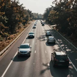 photorealistic shot of cars on the freeway,