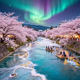 floating markets of times square river in kyoto kamo turquoise and pink river during sakura season on thermal waters flowing down white travertine terraces during interstellar aurora borealis, gold waterfalls, vendors, festivals, fun, by peter mohrbacher, james jean, james gilleard, greg rutkowski, vincent di fate, rule of thirds, octane render, beautiful landscape