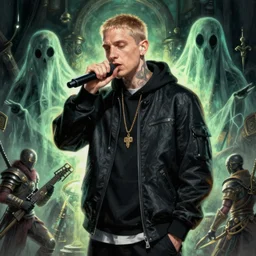 Eminem rapping about how he believes in ghosts, expressive beautiful painting, award winning, pixiv, trending on artstation, deviantart, artstation, skyrim, high quality, key visual, sharp, backlit, gorgeous lighting