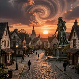 empty lovecraftian town square surrounded by houses and inns. cthulhu statue. lovecraftian city at sunset by cyril rolando and naomi okubo and dan mumford and ricardo bofill. lovecraft. cobbled streets. oil lamp posts. lovecraftian. sunset swirly sky.