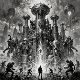 b & w inks of 1 1 character, tiered flayed god machines, cluster tiered heirarchy, battle chaos, mainframe hydrocracking battles, medical chromed, dystopian, by wayne d barlowe, h r giger, simon bisley & boris vallejo, enric torres, hyper fantasy realism, narrative light, muted colors, epic, hyper detailed, awe inspiring, award