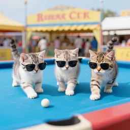 photo of kittens wearing sunglasses playing pool at the county fair.