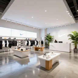 architectural photography, 8 k, realistic lighting, reflections, bloom, hyperdetailed environment and materials. large nike boutique flagship retail. white walls. polished concrete floor. display tables with shoes and clothes. bright digital screens on walls. low ceilings with downlights and spots. white corian and oak furniture. impressive counter. verdant plants