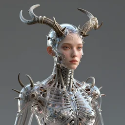 portrait of transparent exoskeleton ms with ribbed body, covered with twisted ribbed crooked antlers, baroque portrait by rutkowsky and charles vess and james jean and erik jones and rhads, 3 d octane render, beautiful fine face features, intricate high details, sharp, ultradetailed, artistic photography