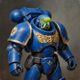 a portrait of a Parakeet as a Space Marine from the Warhammer 40k, ultramarine space marine Parakeet, blue armor, glorious, masterpiece painting by Rembrandt