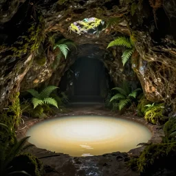 underground room, round soft glowing pool in the centre, earth walls with mosses and ferns, damp, dark, gothic by rutkowski and brian froud, concept art