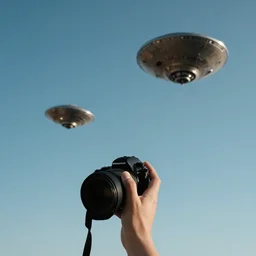 camera pointing up in the sky at two gyroscope ufo's
