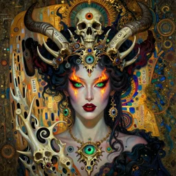 The Queen of Bones by Karol Bak, Jean Deville, Gustav Klimt, and Vincent Van Gogh, portrait of a majestic demonic queen, beautiful vampire queen, jade green cat eyes on fire, mystic eye, otherworldly, crown made of bones, antlers, horns, ornate jeweled crown, skull, fractal structures, arcane, inscribed runes, infernal relics, ornate gilded medieval icon, third eye, spirals, rich deep moody colors
