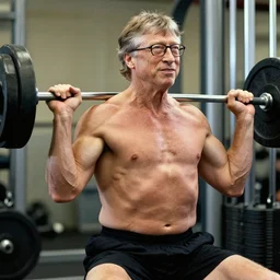 real photograph, very muscular!! shirtless bill gates pumping iron, photo mid shot