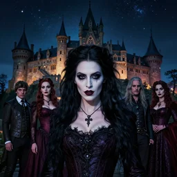 Portrait of a riveting Scottish vampire woman!, atmospheric lighting, gothic makeup, intricate, Transylvanian castle, volumetric lighting, beautiful, starlit sky, sharp focus, ultra-detailed, by Tom Bagshaw Leesha Hannigan, Ross Tran, Thierry Doizon, Kai Carpenter, Ignacio Fernández Ríos