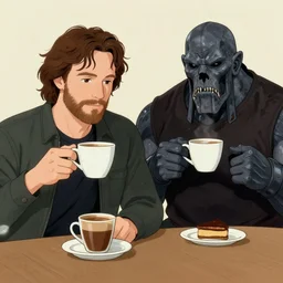 Gordon Freeman and doomguy drink coffee