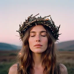 A analog head and shoulder frontal portrait photography of a woman wearing an intricate twig crown by Annie Leibovitz. Long hair. eyes closed. soft gradient pastel color background. Kodak Color Plus 200 film. Scottish landscape mood. detailed. hq. realistic. warm light. muted colors. lens flare. photoreal. Leica M9.
