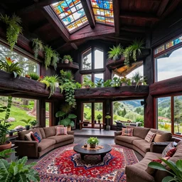 interior of an all black psychedelic modern ecopunk frank lloyd wright shotgun house mansion made entirely of redwood in the mountain valley of colorado, lots of plants and stained glass ceilings and persian rugs