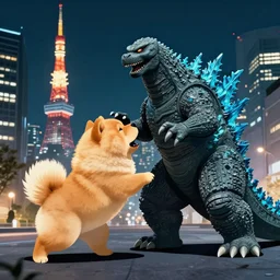 a chow chow fighting godzilla in night time tokyo in the style of simon stalenhag